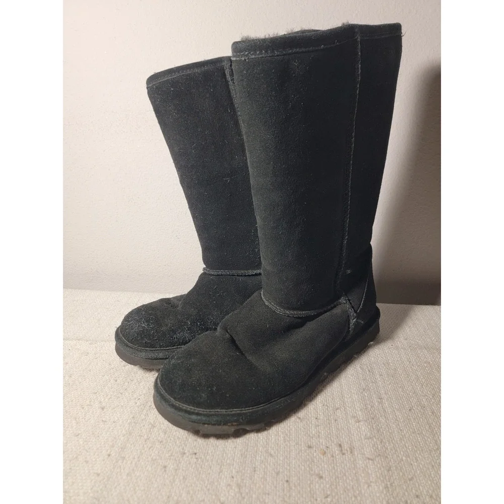 Bearpaw Elle Tall Black Suede Boots Womens Size 10 Sheepskin Wool Lined 624W